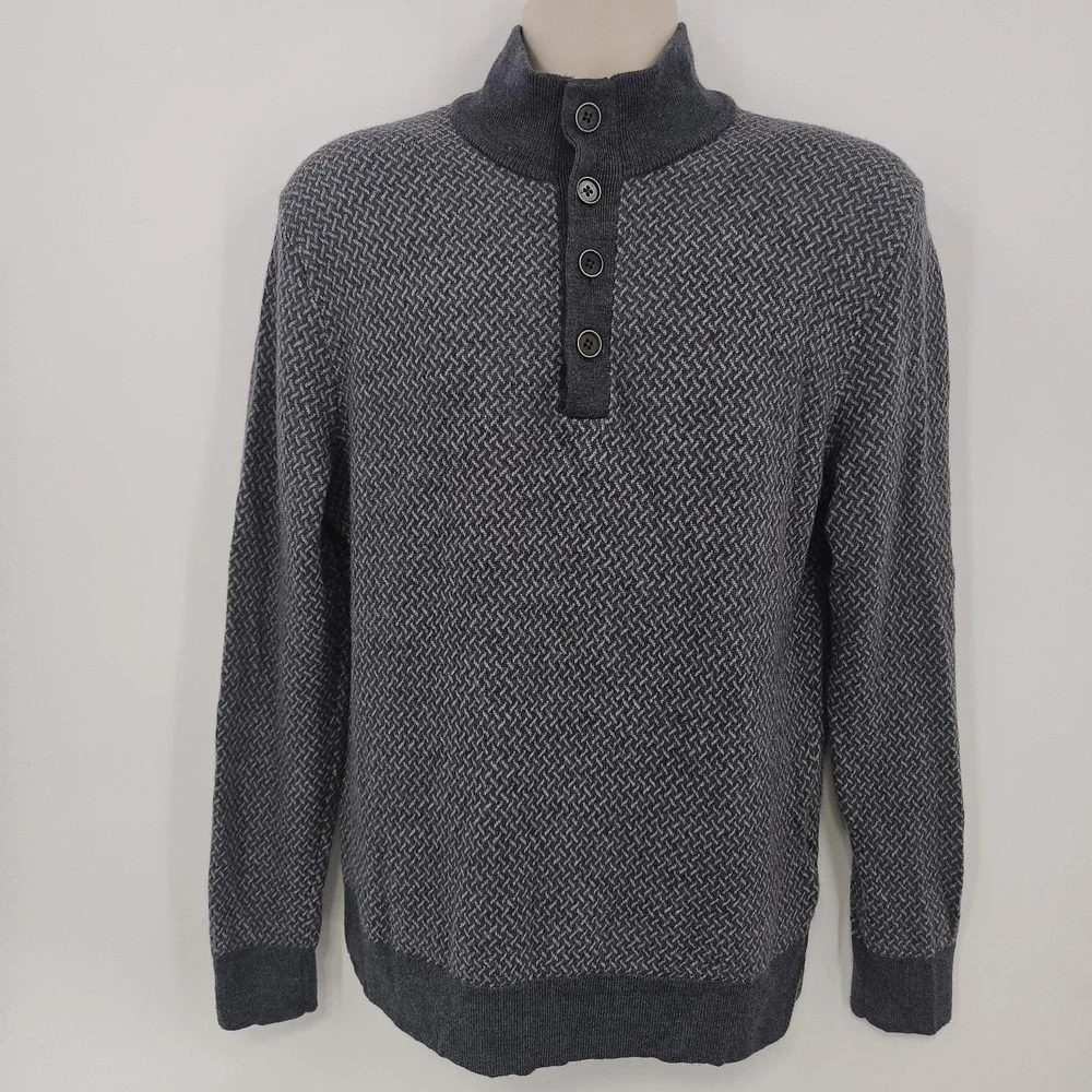 UNTUCKit Sweater Mens M Gray Merino Wool Henley Mock Neck‎ Grandpa Dad Cozycore